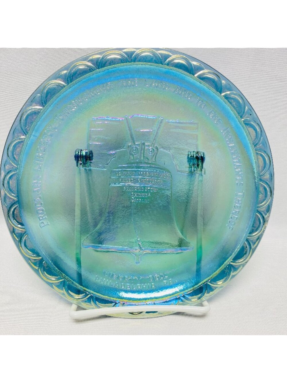 Indiana Carnival Blue Glass 8" Liberty Bell Bicentennial Plate USA